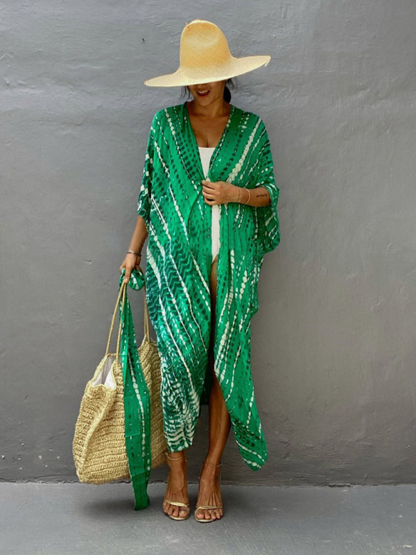 Rayon Tie-Dye Beach Cover-Up – Boho Graphic Print Sunscreen Cardigan