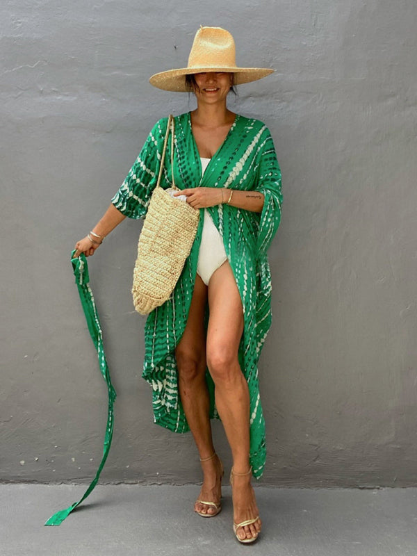 Rayon Tie-Dye Beach Cover-Up – Boho Graphic Print Sunscreen Cardigan