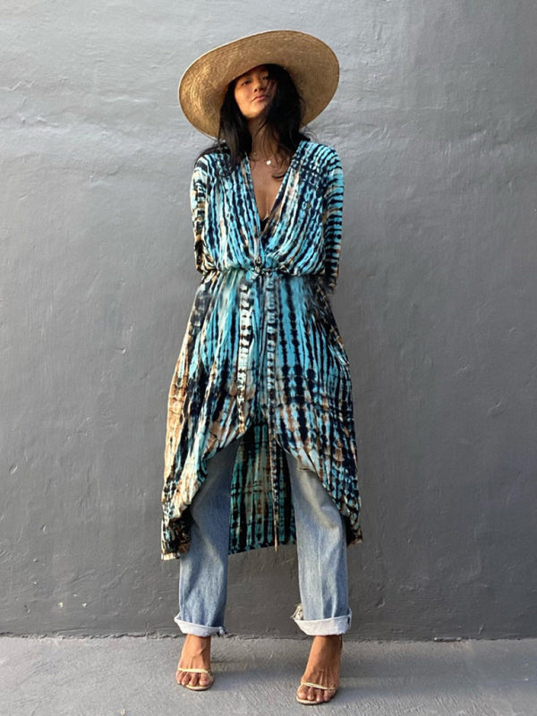 Rayon Tie-Dye Beach Cover-Up – Boho Graphic Print Sunscreen Cardigan