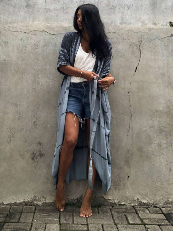 Rayon Tie-Dye Beach Cover-Up – Boho Graphic Print Sunscreen Cardigan