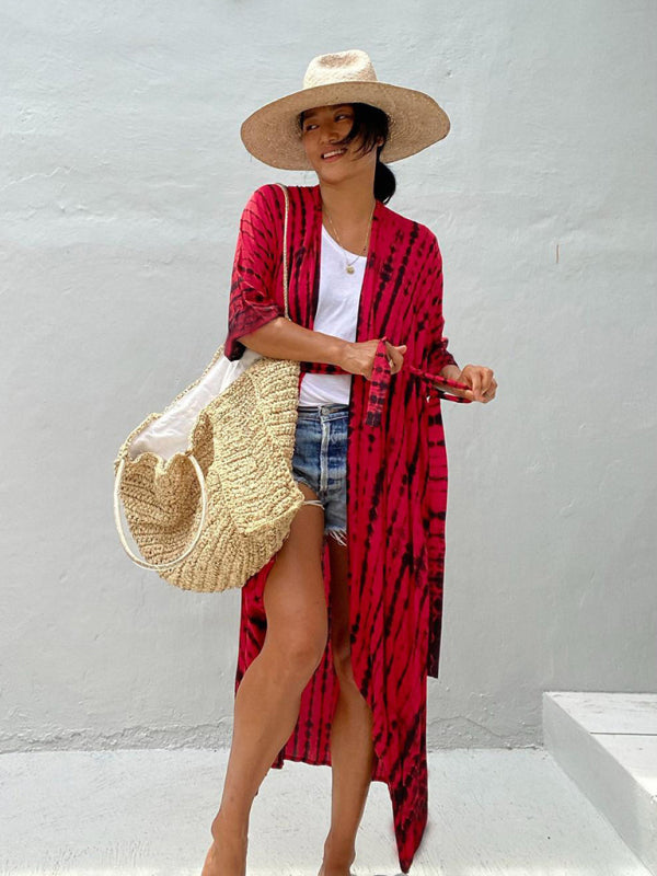 Rayon Tie-Dye Beach Cover-Up – Boho Graphic Print Sunscreen Cardigan