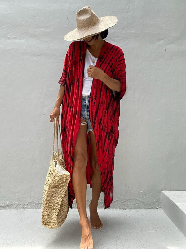 Rayon Tie-Dye Beach Cover-Up – Boho Graphic Print Sunscreen Cardigan