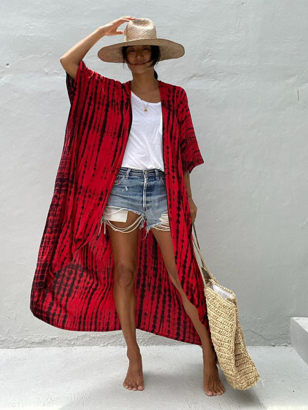 Rayon Tie-Dye Beach Cover-Up – Boho Graphic Print Sunscreen Cardigan