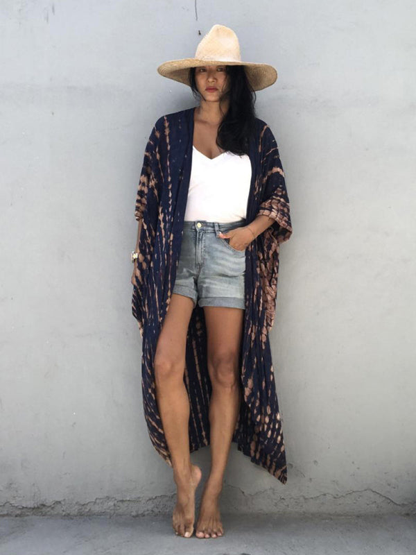 Rayon Tie-Dye Beach Cover-Up – Boho Graphic Print Sunscreen Cardigan