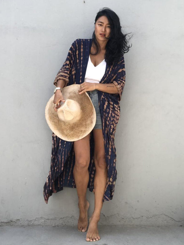 Rayon Tie-Dye Beach Cover-Up – Boho Graphic Print Sunscreen Cardigan