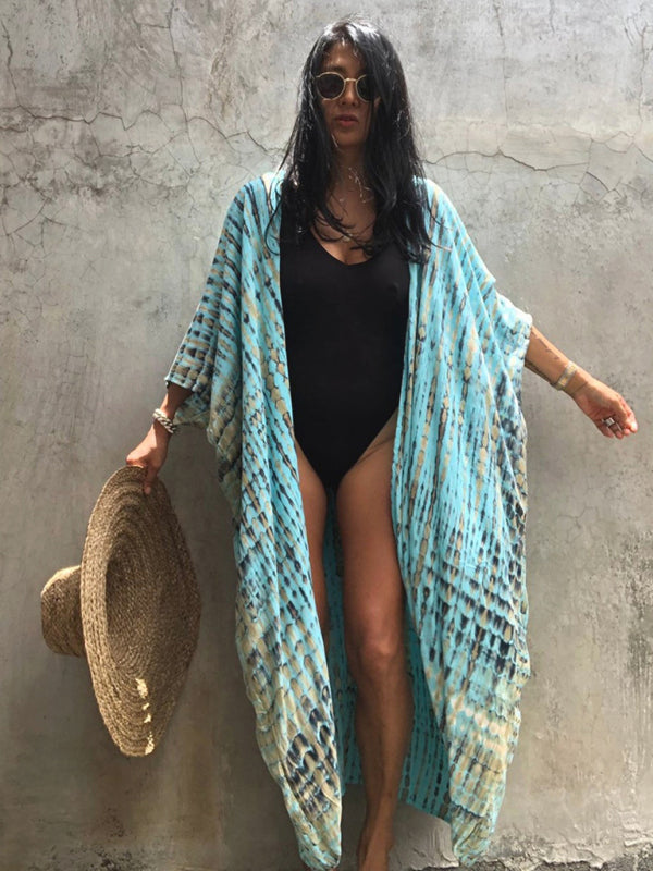 Rayon Tie-Dye Beach Cover-Up – Boho Graphic Print Sunscreen Cardigan
