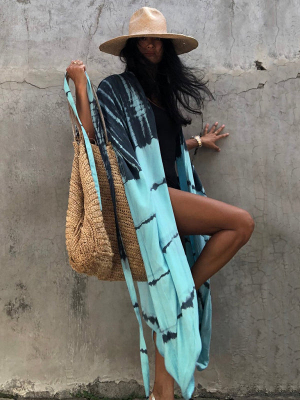 Rayon Tie-Dye Beach Cover-Up – Boho Graphic Print Sunscreen Cardigan