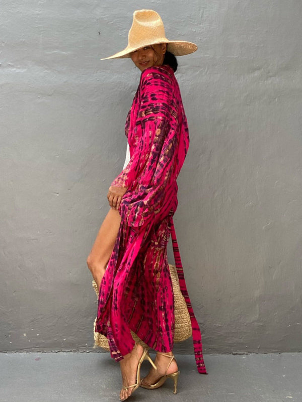 Boho Tie-Dye Beach Cover Up – Sheer Graphic Cardigan with Sun Protection