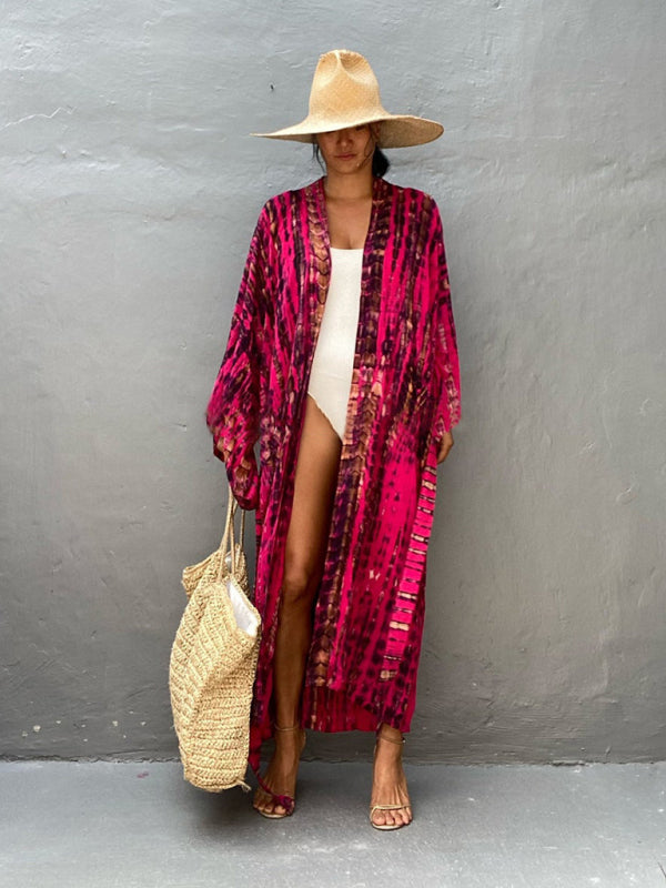 Boho Tie-Dye Beach Cover Up – Sheer Graphic Cardigan with Sun Protection
