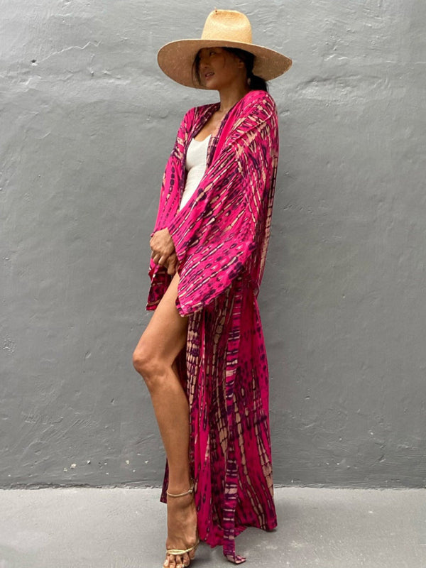Boho Tie-Dye Beach Cover Up – Sheer Graphic Cardigan with Sun Protection