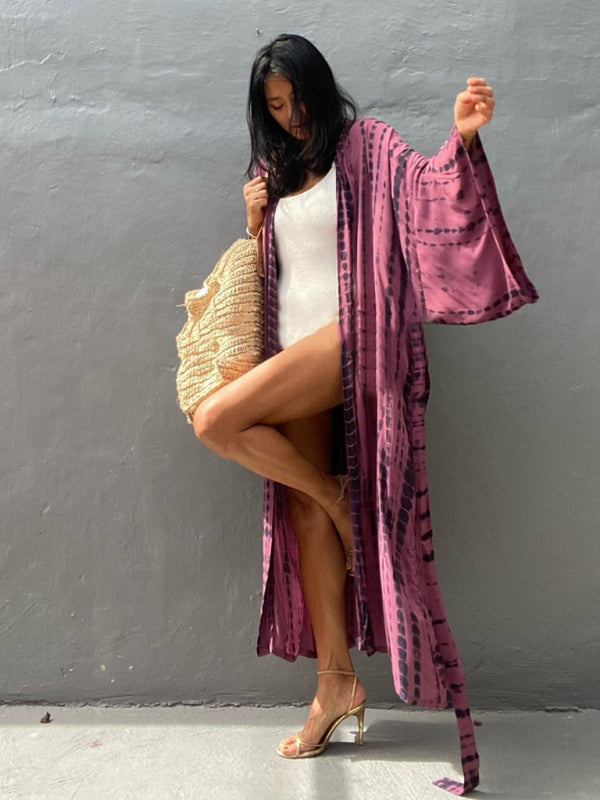 Boho Tie-Dye Beach Cover Up – Sheer Graphic Cardigan with Sun Protection