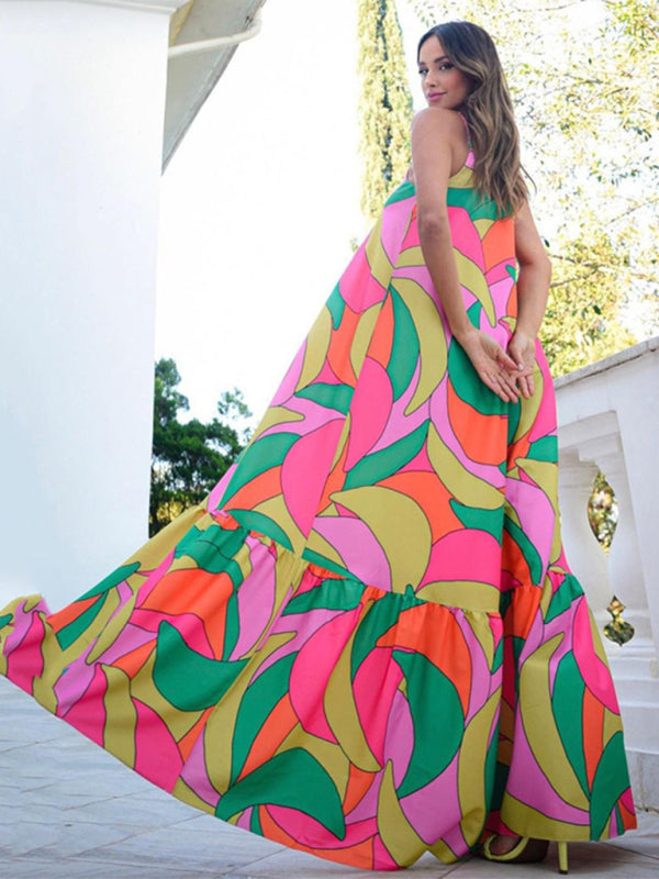 Bohemian Deep V Backless Floral Maxi Dress – Sleeveless & Flowy Vacation Style