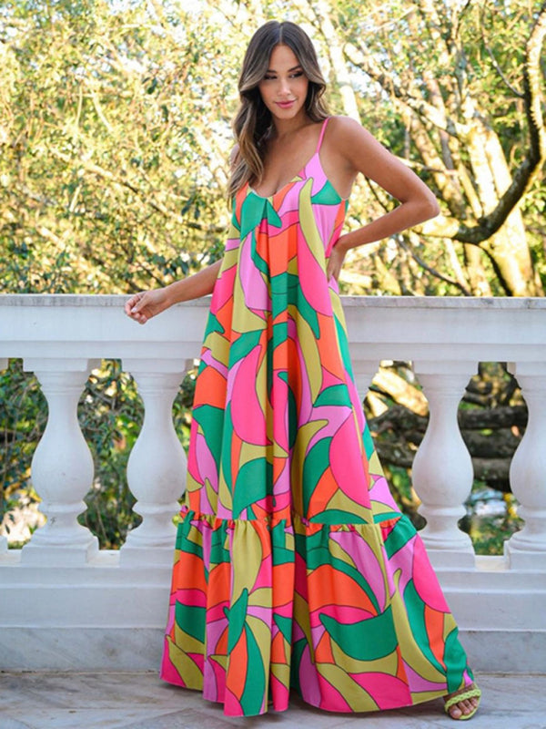 Bohemian Deep V Backless Floral Maxi Dress – Sleeveless & Flowy Vacation Style