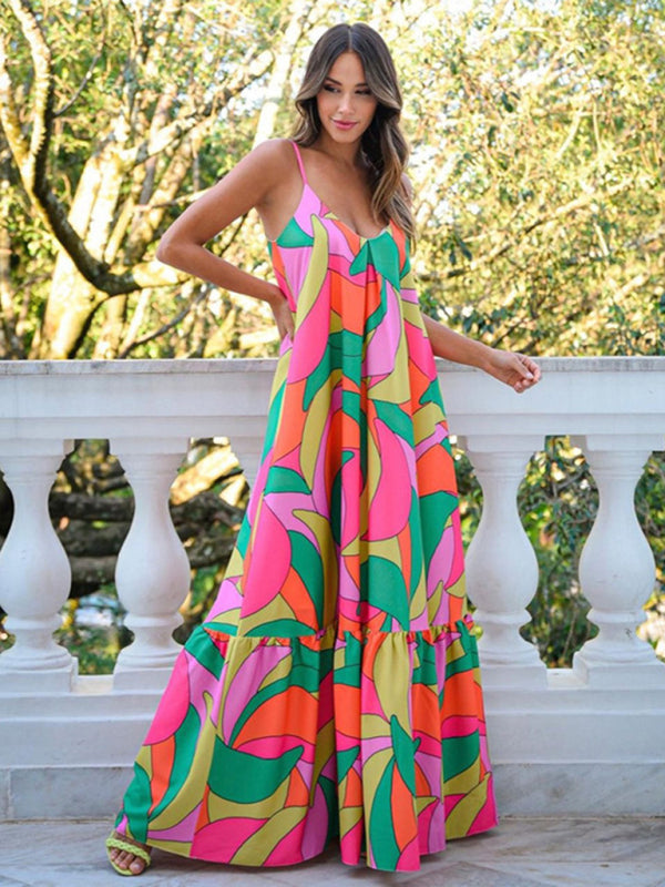 Bohemian Deep V Backless Floral Maxi Dress – Sleeveless & Flowy Vacation Style