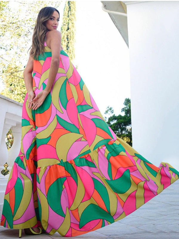 Bohemian Deep V Backless Floral Maxi Dress – Sleeveless & Flowy Vacation Style