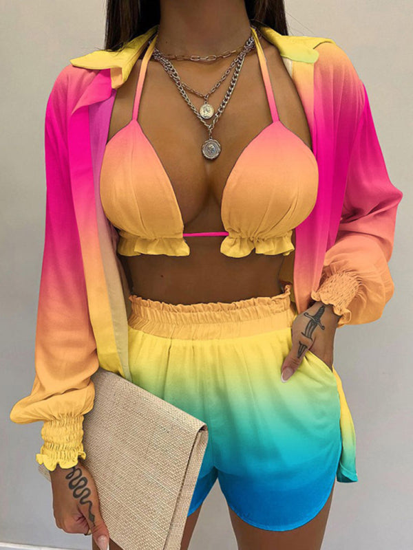 Tropical Print 3-Piece Set – Long-Sleeve Shirt, Sleeveless Top & Shorts
