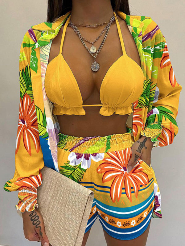 Tropical Print 3-Piece Set – Long-Sleeve Shirt, Sleeveless Top & Shorts