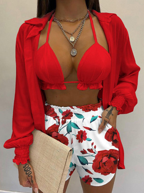 Tropical Print 3-Piece Set – Long-Sleeve Shirt, Sleeveless Top & Shorts