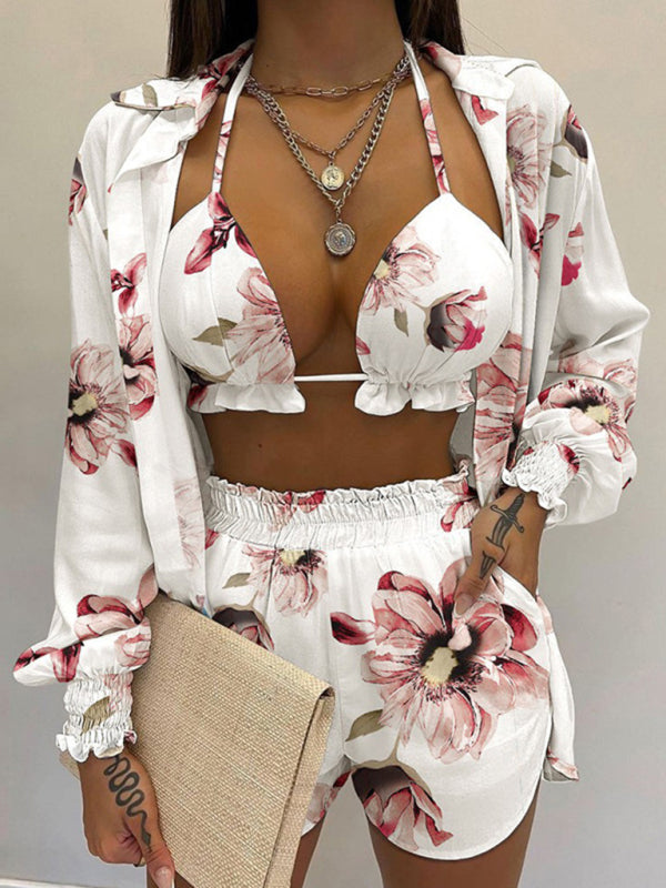 Tropical Print 3-Piece Set – Long-Sleeve Shirt, Sleeveless Top & Shorts