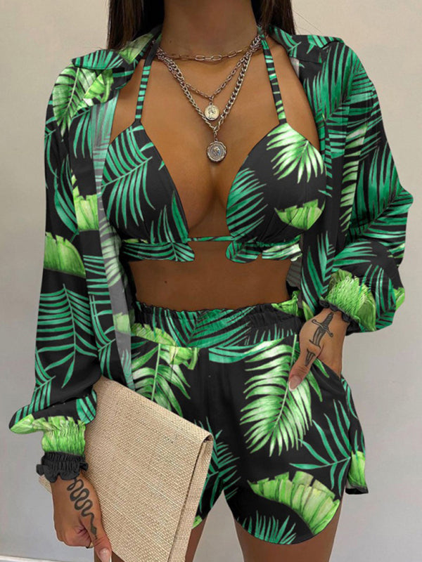 Tropical Print 3-Piece Set – Long-Sleeve Shirt, Sleeveless Top & Shorts