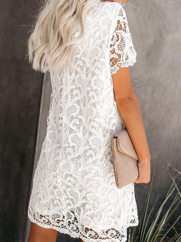 White Cotton Midi Dress with Hollow Lace – Elegant Summer Style