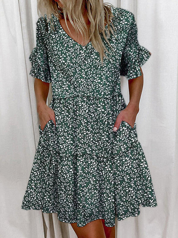Short V-Neck Printed Ruffle Dress – Lightweight, Loose Fit, Spring-Summer Style