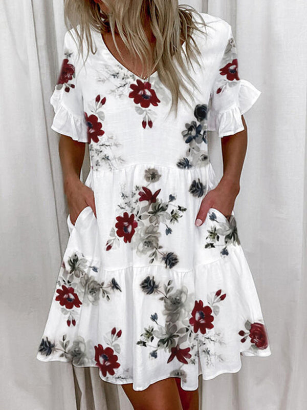 Short V-Neck Printed Ruffle Dress – Lightweight, Loose Fit, Spring-Summer Style