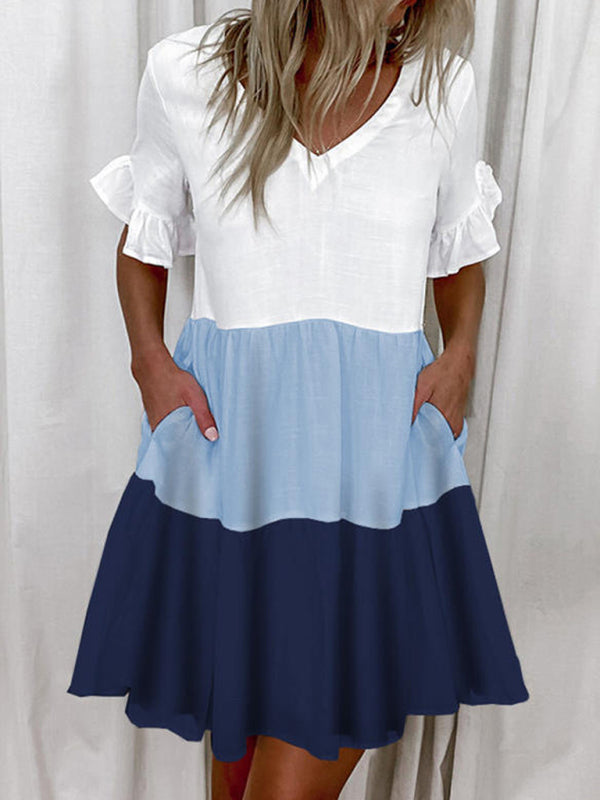 Short V-Neck Printed Ruffle Dress – Lightweight, Loose Fit, Spring-Summer Style
