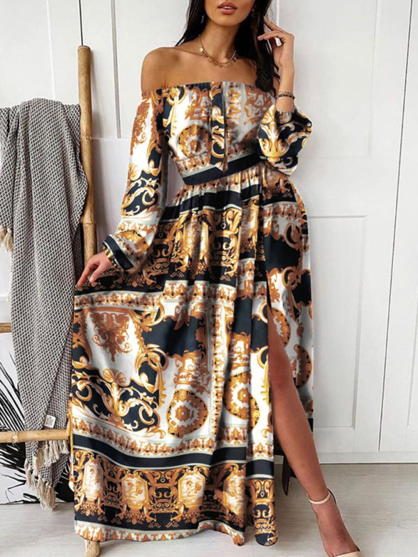 Bohemian One-Shoulder Printed Maxi Dress – Retro Pullover with Side Slits