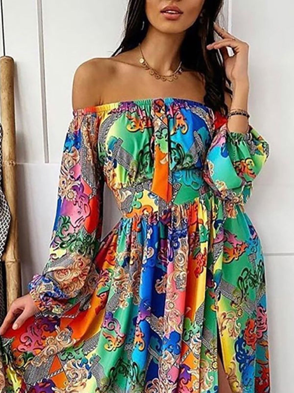 Bohemian One-Shoulder Printed Maxi Dress – Retro Pullover with Side Slits