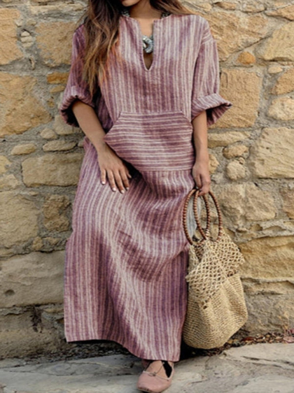 Striped Cotton-Linen Loose Long Dress – Retro Style for Spring & Summer Dark Red