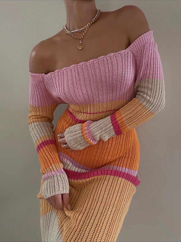 Off-Shoulder Knitted Striped Maxi Dress – Long Sleeves, Hollow Detail, Boho Style