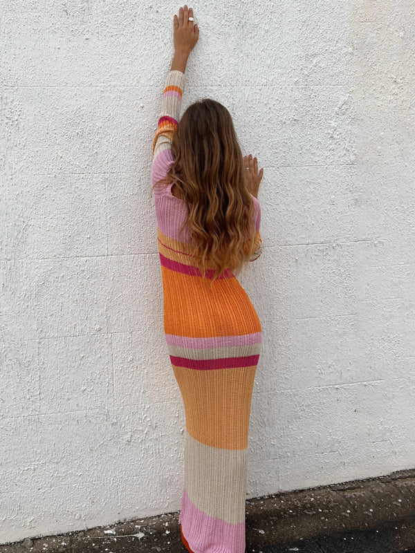 Off-Shoulder Knitted Striped Maxi Dress – Long Sleeves, Hollow Detail, Boho Style