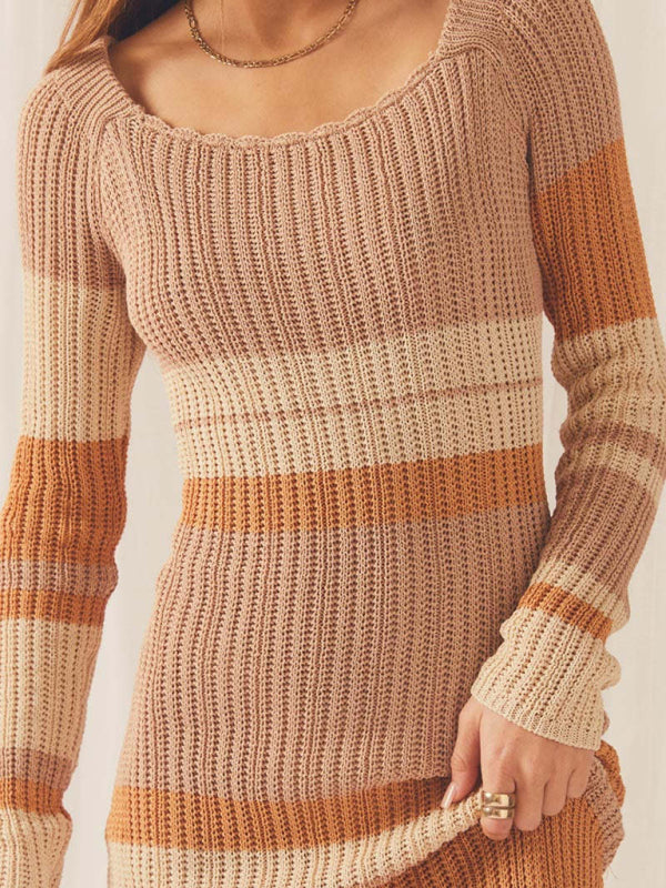 Off-Shoulder Knitted Striped Maxi Dress – Long Sleeves, Hollow Detail, Boho Style