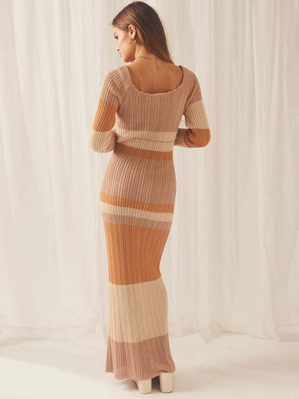 Off-Shoulder Knitted Striped Maxi Dress – Long Sleeves, Hollow Detail, Boho Style