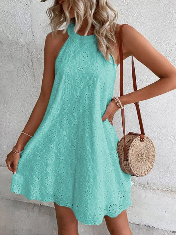 Sleeveless Woven Halter Dress – Solid Color, Lightweight & Breathable