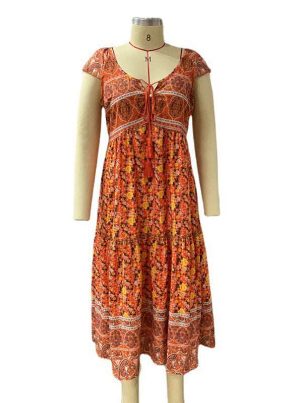 Bohemian V-Neck Resort Dress – Sleeveless, Lightweight & Woven Fabric