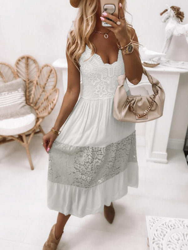 Sleeveless Lace Panel Maxi Dress – Elegant Solid Color for Spring & Summer