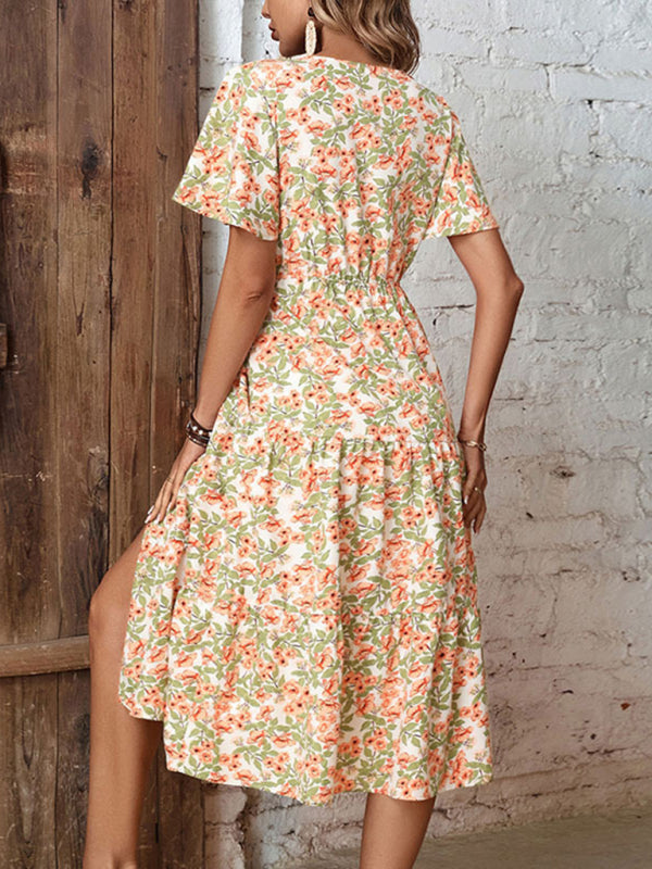 Floral Slit Button Dress – Lightweight Woven Fabric, Spring Party Style