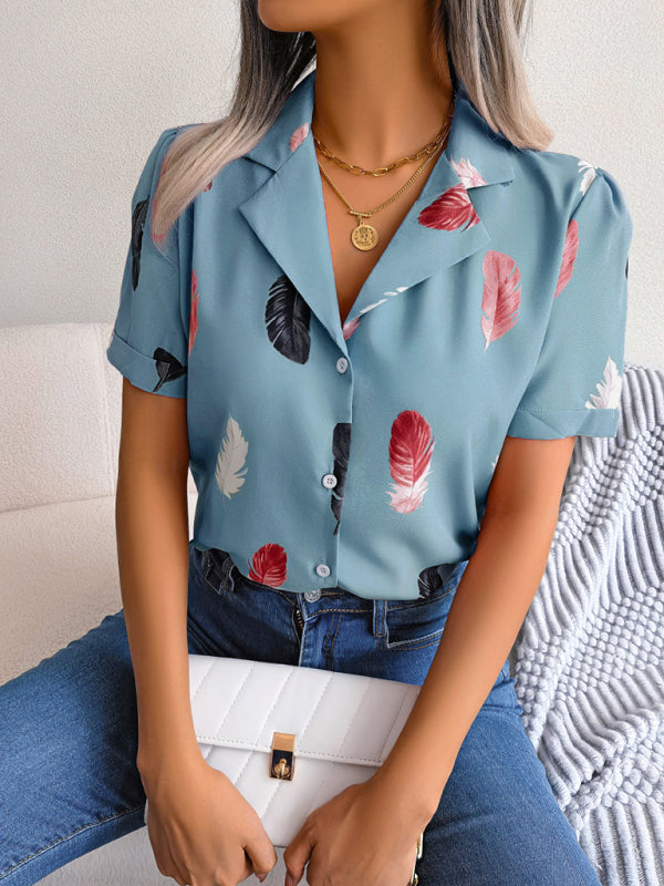 Women's Feather Print Short Sleeve Shirt