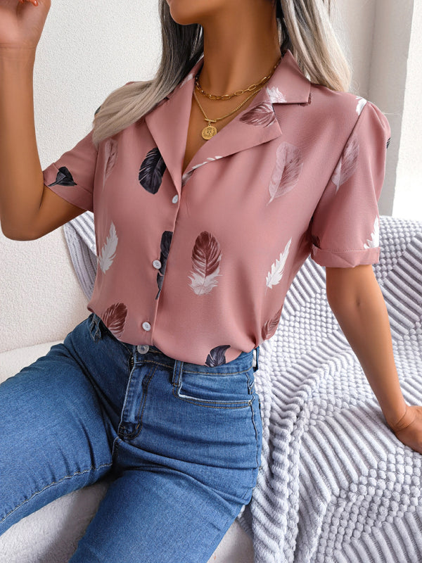 Women's Feather Print Short Sleeve Shirt
