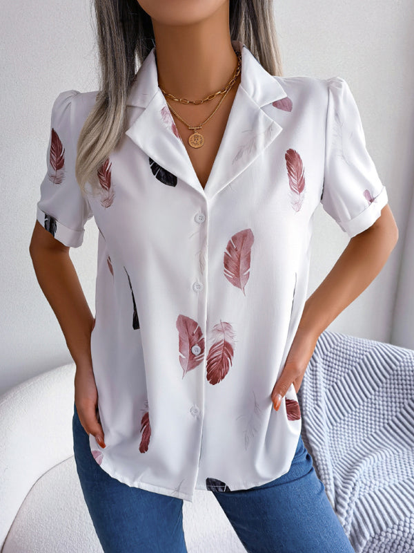 Women's Feather Print Short Sleeve Shirt
