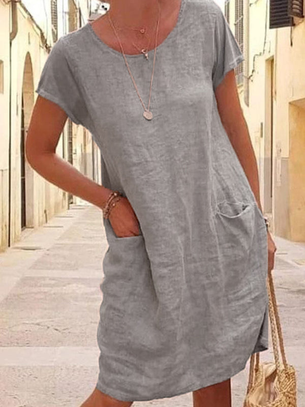 Relaxed Fit Linen Midi Dress – Short Sleeve, Round Neck, Solid Color