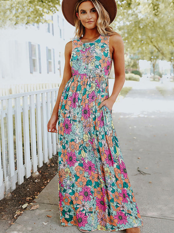 Floral Sleeveless Maxi Dress – Round Neck Seam Pocket Silhouette
