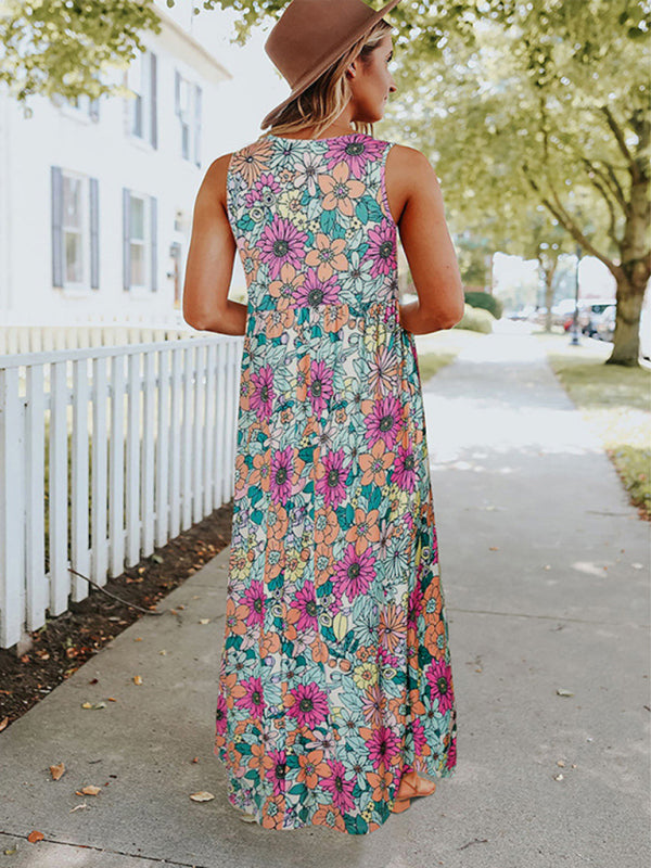 Floral Sleeveless Maxi Dress – Round Neck Seam Pocket Silhouette