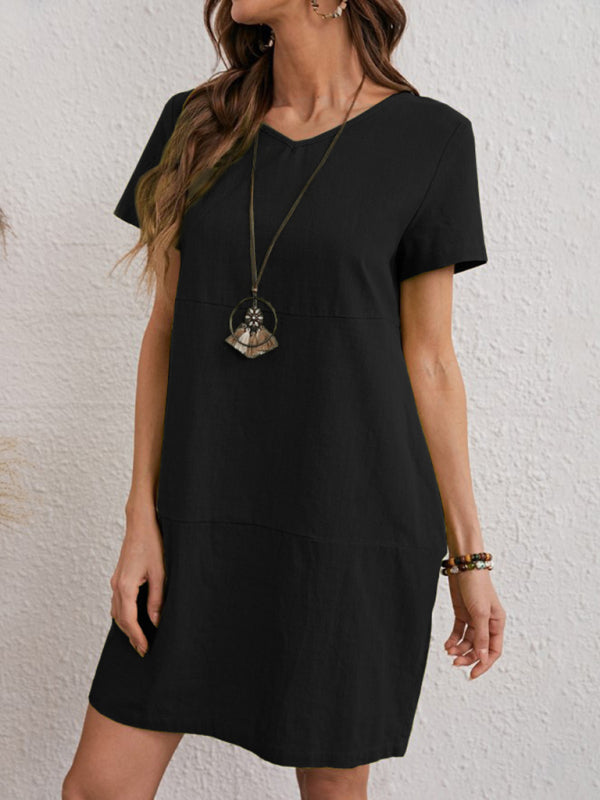 Woven V-Neck Midi Dress – Cotton-Blend, Relaxed Fit, Short Sleeves, Summer Style