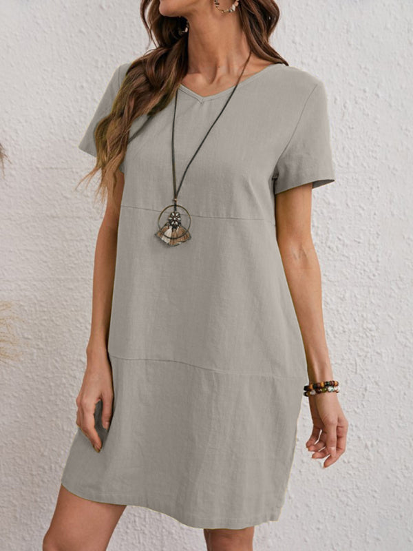 Woven V-Neck Midi Dress – Cotton-Blend, Relaxed Fit, Short Sleeves, Summer Style
