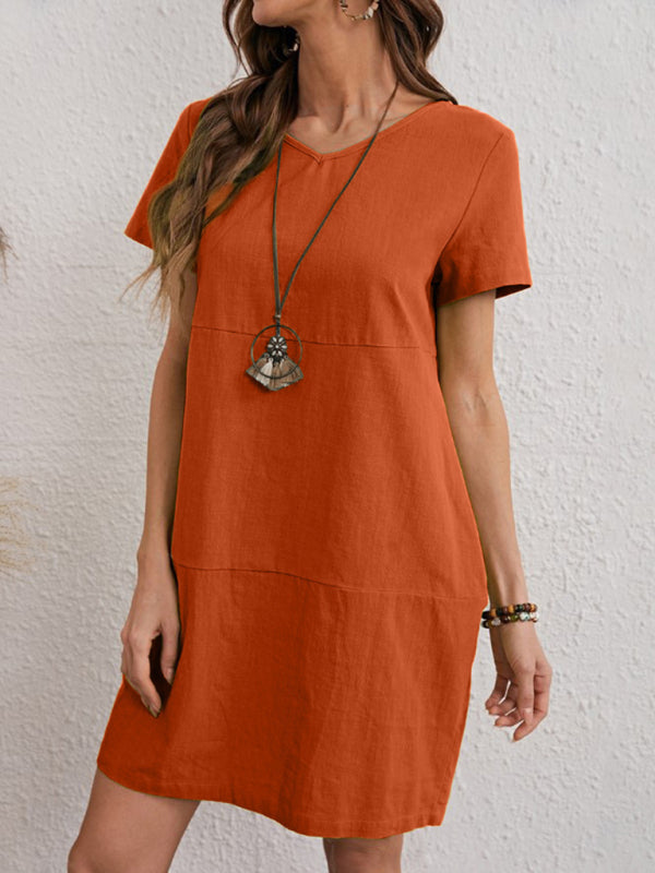 Woven V-Neck Midi Dress – Cotton-Blend, Relaxed Fit, Short Sleeves, Summer Style