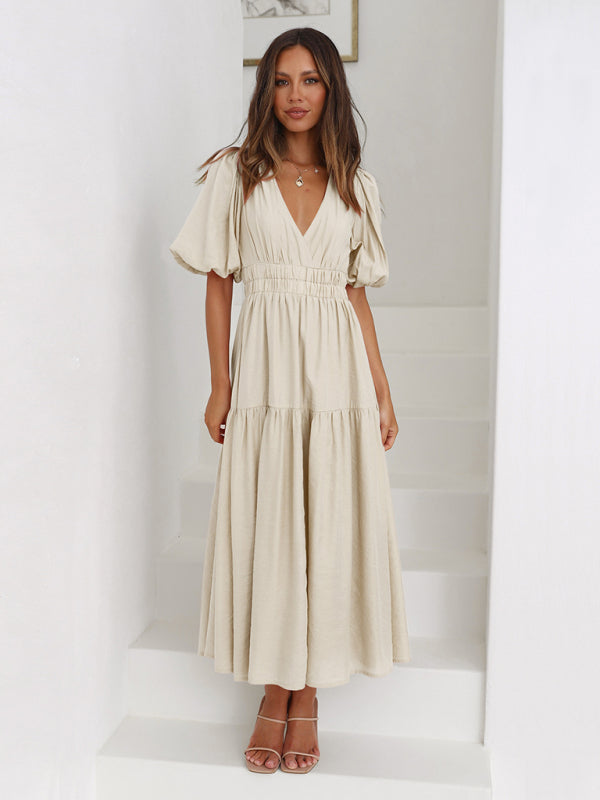 Holiday Deep V Puff Sleeve Maxi Dress – Graceful Spring-Summer Look