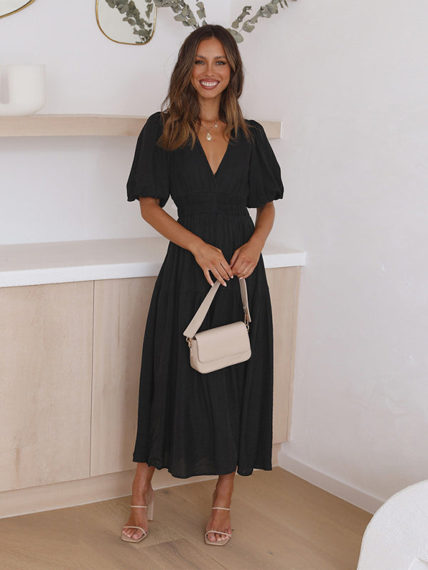 Holiday Deep V Puff Sleeve Maxi Dress – Graceful Spring-Summer Look